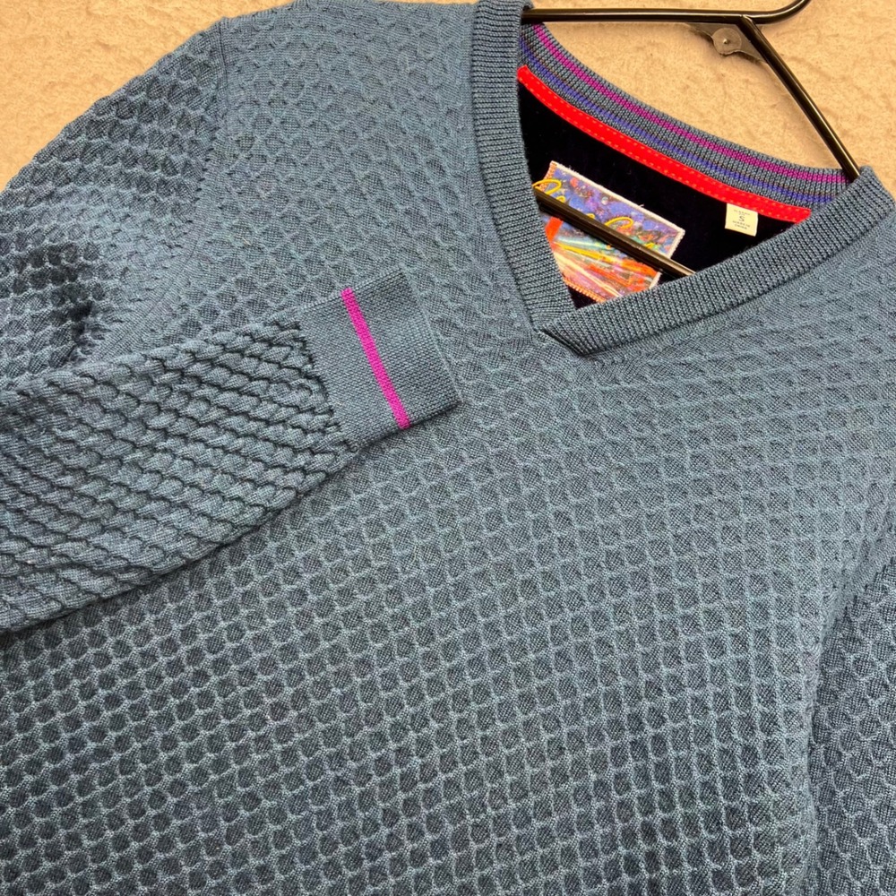 Robert Graham Mens Blue 100% Wool Honeycomb Textured V-Neck Sweater Small S